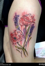腿部水彩风格罂粟花纹身图案