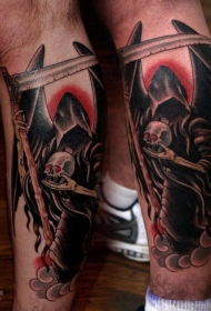 小腿彩色死神骷髅纹身图案