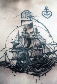 胸部个性帆船与灯塔心形船锚纹身图案