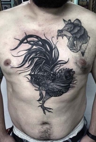 胸部舞蹈的公鸡黑灰纹身图案