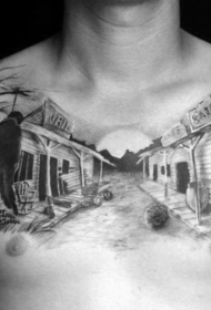胸部写实黑灰西部小镇风景纹身图案
