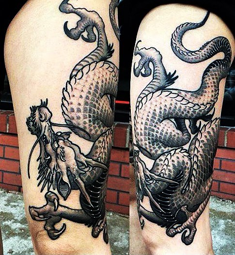 大腿插画风格黑色幻想龙纹身图案