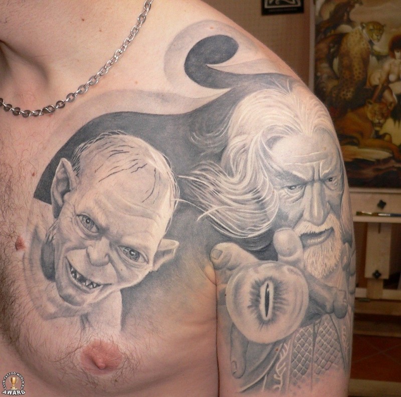 半甲令人惊叹的黑白指环王人物肖像纹身图案