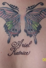背部彩色的蝴蝶字母纹身图案