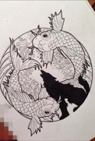 创意黑灰色浪花鲤鱼与狼匹纹身手稿素材