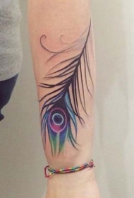 小臂简单的五彩孔雀羽毛纹身图案