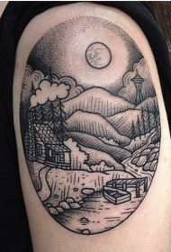 大臂圆形黑色点刺夜晚树与村庄纹身图案