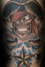 腿部彩色海盗骷髅与五角星纹身图案