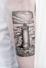 手臂黑色点刺灯塔和风景纹身图案