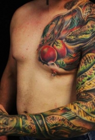半甲花臂插画风格彩色邪恶的蛇与红苹果纹身图案