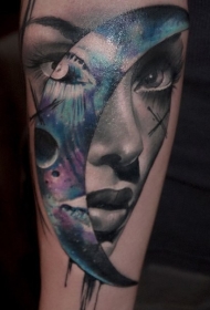 女性肖像插图式月亮彩色纹身图案