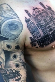 胸部黑色老教堂写实纹身图案