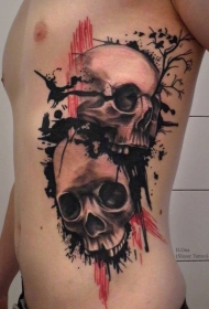 美丽的黑色骷髅树枝和鸟儿纹身图案