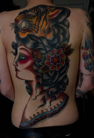背部old school彩色女人脸和老虎纹身图案