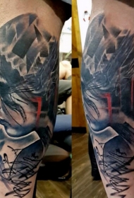 腿部独特风格彩色神秘女子纹身