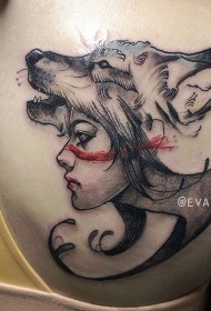 肩部新的学校风格印度女子狼头盔纹身