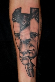手臂黑灰支离破碎的男子肖像纹身图案