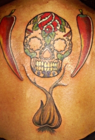 背部彩色糖头骨与胡椒纹身图案