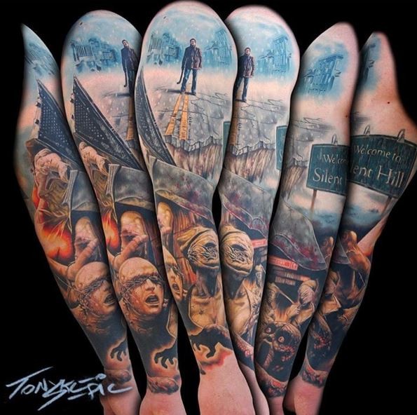 花臂彩色寂静岭怪物纹身图案