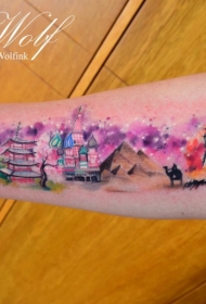 小臂美丽的世界著名建筑彩色纹身图案