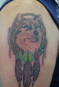 肩部彩色印度追梦人与狼纹身