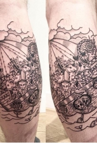 小腿雕刻风格黑色帆船与各种动物纹身图案