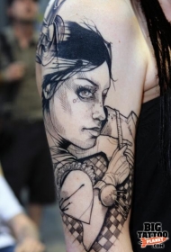 大臂素描风格黑色女人与针纹身图案