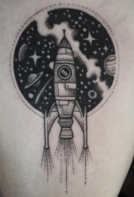 old school黑白点刺太空火箭纹身图案