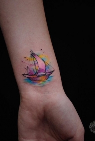 女性小清新手腕水彩小帆船纹身图案