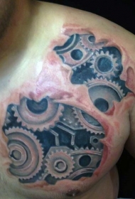 胸部逼真的生物力机械齿轮撕皮纹身图案
