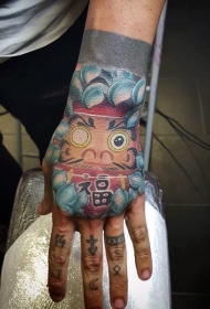 手背彩色日本风格不倒翁菊花纹身