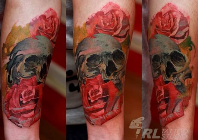 new school好看的彩色玫瑰骷髅纹身图案