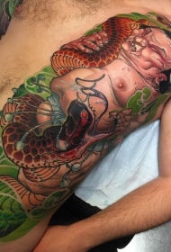 胸部和腹部new school彩色蛇纹身图案