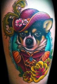可爱的狗与帽子和花朵纹身图案