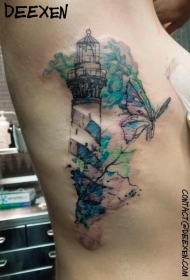 侧肋水彩风格彩色灯塔与蝴蝶纹身图案