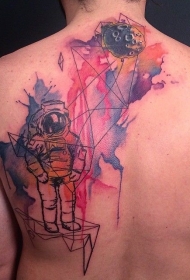 背部水彩画风格的太空人和小行星纹身图案