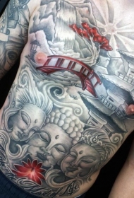 日本传统风格佛像与寺庙纹身图案