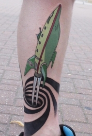 小腿幻想彩色卡通飞船纹身图案