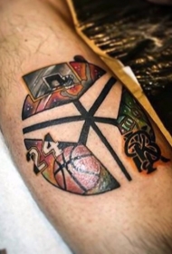 腿部有趣的彩色徽章和网篮球纹身图片