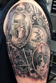 大臂机械风格时钟和狗肖像纹身图案