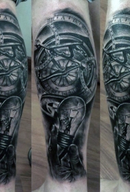 小腿写实风格黑白机械罗盘和灯泡纹身图案