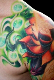 肩部彩色幻想发光莲花纹身图案