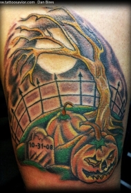 卡通风格的彩色南瓜墓地纹身图案