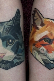 new school彩色猫头与狐狸纹身图案