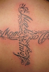 背部英文字母组合的十字架纹身图案