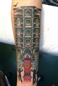 手臂消防栓有趣的房子彩色卡通纹身图案
