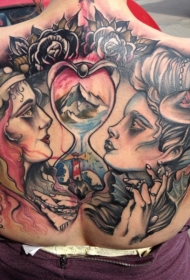 背部经典的彩色女性与沙漏花朵纹身图案
