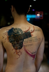背部赌博轮盘与字母骷髅彩色纹身图案