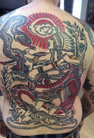 背部有趣的old school彩色战斗印第安人与蛇纹身图案