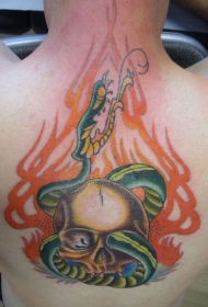 背部彩色骷髅蛇纹身图案